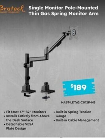 Leader Computers Single Monitor Pole- Mounted Thin Gas Spring Monitor Arm offer