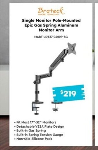 Leader Computers Single Monitor Pole-Mounted Epic Gas Spring Aluminum Monitor Arm offer