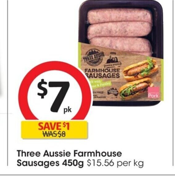 Three Aussie Farmhouse Sausages 450 g. offer at Coles