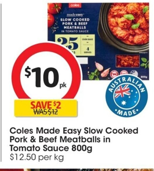 Coles Made Easy Slow Cooked Pork & Beef Meatballs in Tomato Sauce 800 g