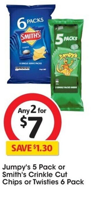 Coles Jumpy's 5 Pack or Smith's Crinkle Cut Chips or Twisties 6 Pack offer