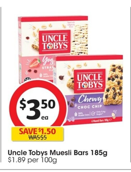 Uncle Tobys Muesli Bars 185g offer at Coles