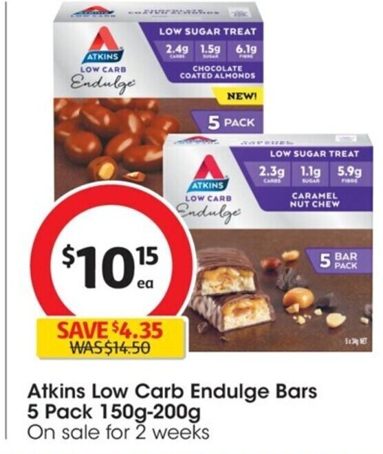 Atkins Low Carb Endulge Bars 5 Pack 150g200g offer at Coles