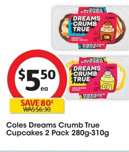 Coles Dreams Crumb True Cupcake 2 pack 280g310g offer at Coles