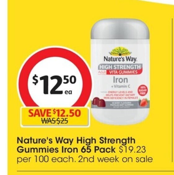 Nature's Way High Strength Gummies Iron 65 Pack offer at Coles