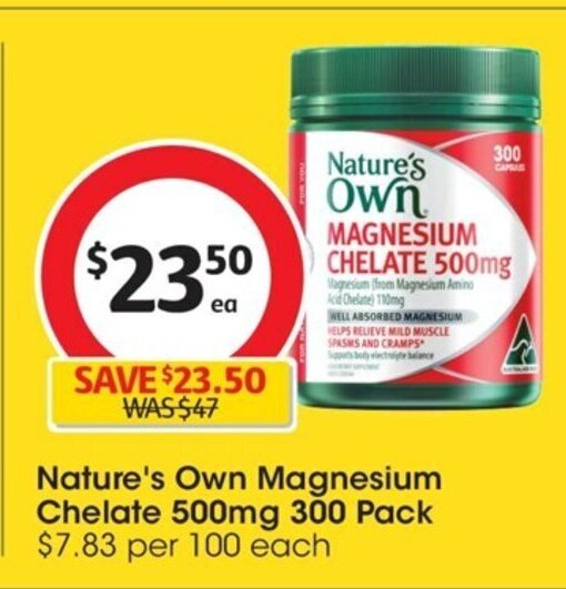 Nature's Own Magnesium Chelate 500 mg 300 Pack offer at Coles