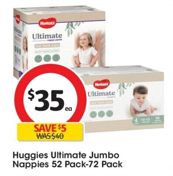 Huggies Ultimate Jumbo Nappies 52 Pack72 Pack offer at Coles