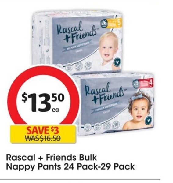 Rascal+ Friends Bulk Nappy Pants 24 Pack29 Pack offer at Coles