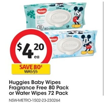 Coles Huggies Baby Wipes Fragrance Free 80 Pack or Water Wipes 72 Pack offer