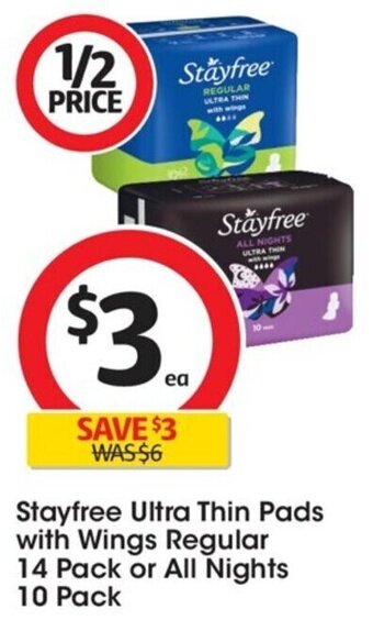 Stayfree Ultra Thin Pads with Wings Regular 14 Pack or All Nights 10 pack