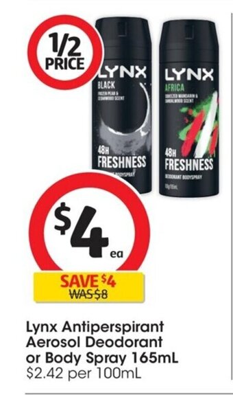 Coles Lynx Antiperspirant Aerosol Deodorant or Body Spray 165 ml. offer