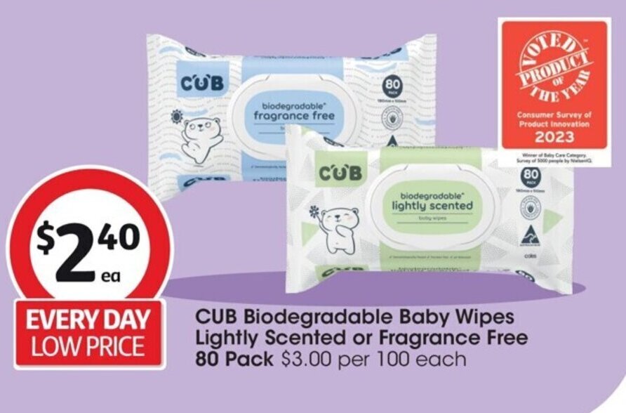 CUB Biodegradable Baby Wipes Lightly Scented or Fragrance Free 80 Pack