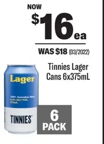 Coles Tinnies Lager Cans 6x375 ml, offer