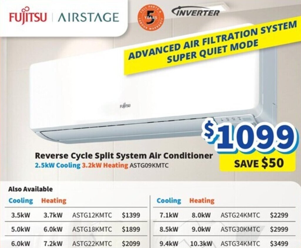 Fujitsu Reverse Cycle Split System Air Conditioner 2.5kW Cooling offer