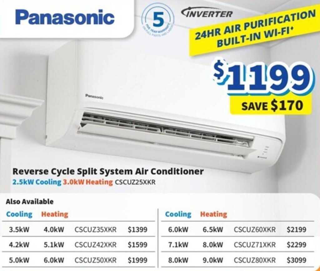 Panasonic Reverse Cycle Split System Air Conditioner 2.5kW Cooling