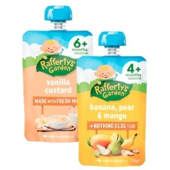 Coles Rafferty's garden 4+ months, 6+ months or 8+ months baby food pouch 120g offer