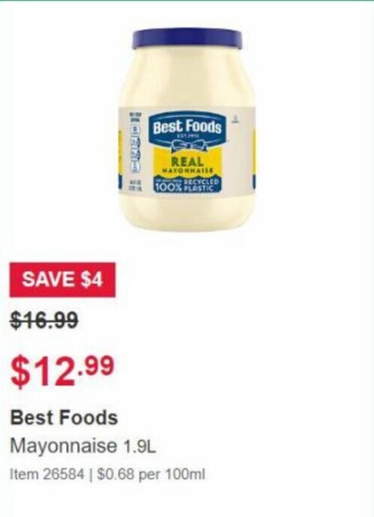 Best Foods Mayonnaise 1.9L offer at Costco