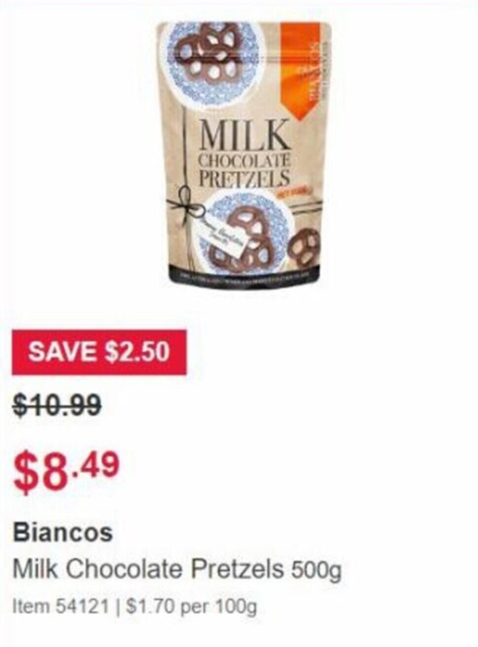 Biancos Milk Chocolate Pretzels 500g offer at Costco