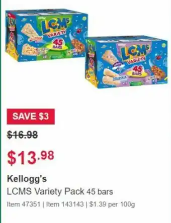Costco Kellogg's LCMS Variety Pack 45 Bars offer