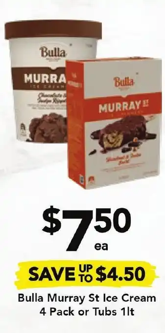 Drakes Bulla Murray St. Ice Cream 4 Pack or Tubs 1lt offer