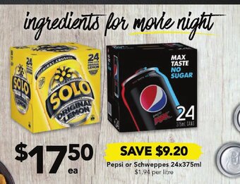 Drakes Pepsi or Schweppes 24x375ml offer