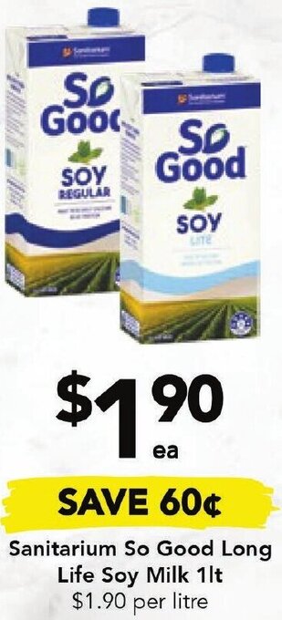 Drakes Sanitarium So Good Long Life Soy Milk 1lt offer