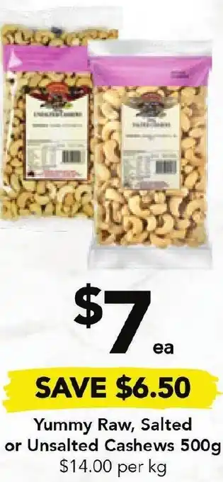 Drakes Yummy Raw, Salted or Unsalted Cashews 500g offer