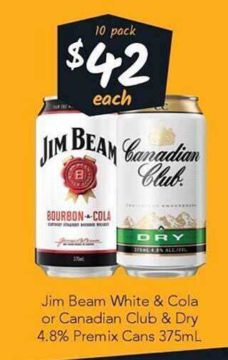 Cellarbrations Jim beam white & cola or canadian club & dry 4.8% premix cans offer