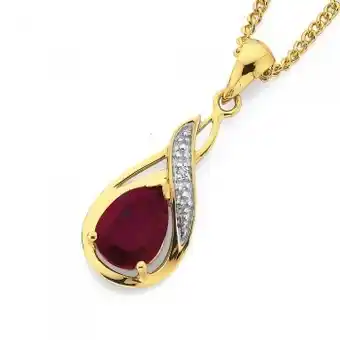 Prouds 9ct gold created ruby & diamond pear swirl drop pendant offer