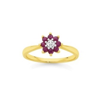 Angus & Coote 9ct gold natural ruby & diamond petite flower ring offer