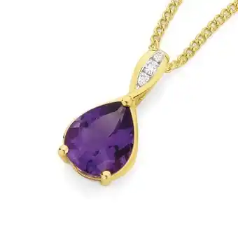 Angus & Coote 9ct gold amethyst & diamond pear shape pendant offer