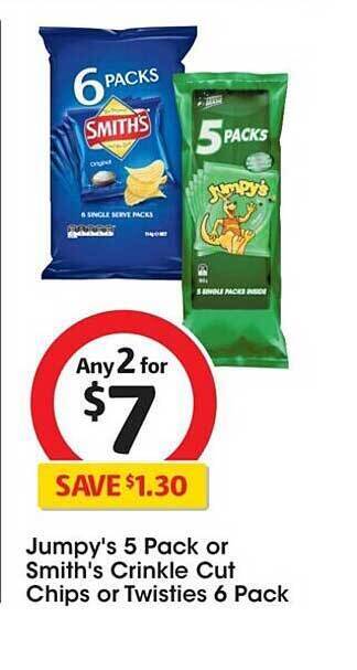 Coles Jumpy's 5 pack or smith's crinkle cut chips or twisties 6 pack offer