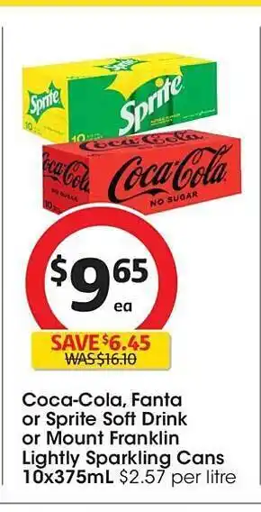 Coles Coca-cola fanta or sprite soft drink or mount franklin ligthly sparkling cans offer