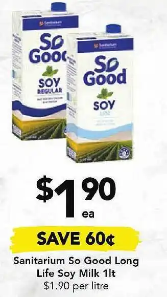 Drakes Sanitarium so good long life soy milk offer