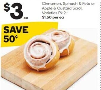 Woolworths Cinnamon, Spinach & Feta or Apple & Custard Scroll Varieties Pk 2 offer