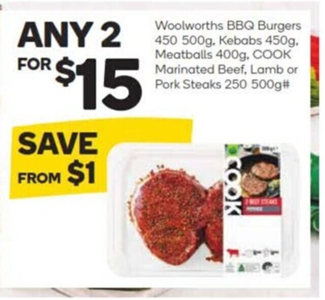 Woolworths BBQ Burgers 450500g,Kebabs450g,Meatballs400g,Cook Marinated