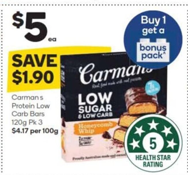Carman's Protein Low Carb Bars 120g pk 3 offer at Woolworths