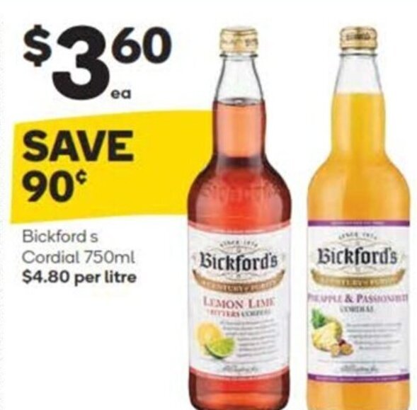Bickfords Cordial 750ml offer at Woolworths