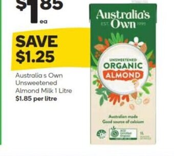 Woolworths Australia's Own Unsweetened Almond Milk 1 Litre offer