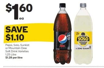 Woolworths Pepsi, Solo, Sunkist or Mountain Dew Soft Drink Varieties 1.25 Litre offer