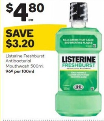 Woolworths Listerine Freshburst Antibacterial Mouthwash 500ml offer