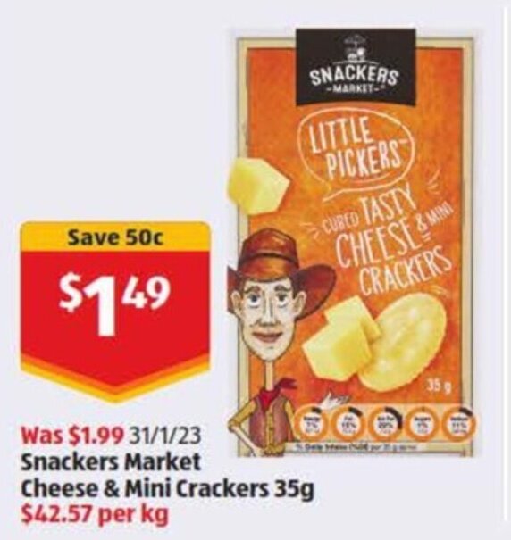 Snackers Market Cheese & Mini Crackers 35g offer at ALDI