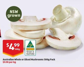 ALDI Australian Whole or Sliced Mushrooms 500g Pack offer