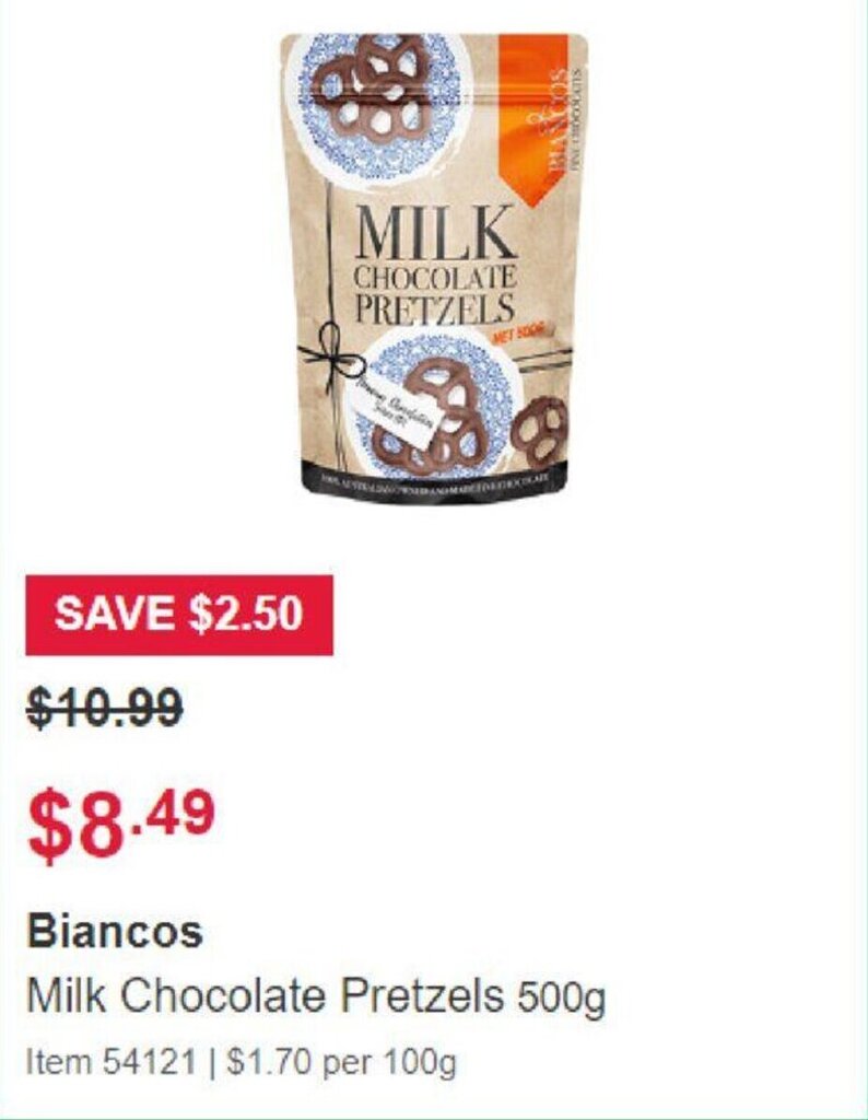 Biancos Milk Chocolate Pretzels 500g offer at Costco