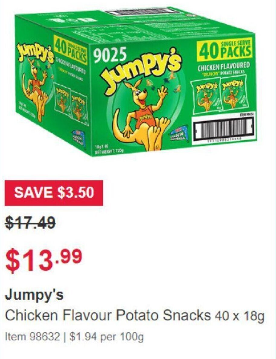 Jumpy's Chicken Flavour Potato Snacks 40x18g offer at Costco