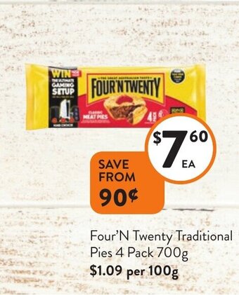 Foodworks Four'N Twenty Traditional Pies 4 Pack 700g offer