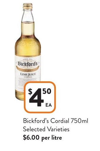 Foodworks Bickford's Cordial 750ml offer