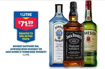 Bombay sapphire gin, jameson irish whiskey or jack daniel's tennessee whiskey