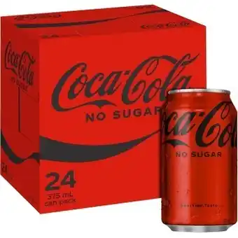 BIG W Coca cola no sugar soft drink cans 375ml x 24 pack^ offer