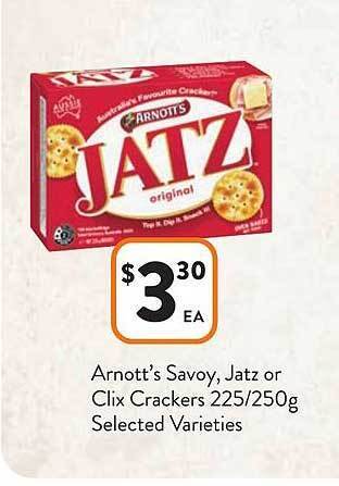 Foodworks Arnott's savoy, jatz or clix crackers offer